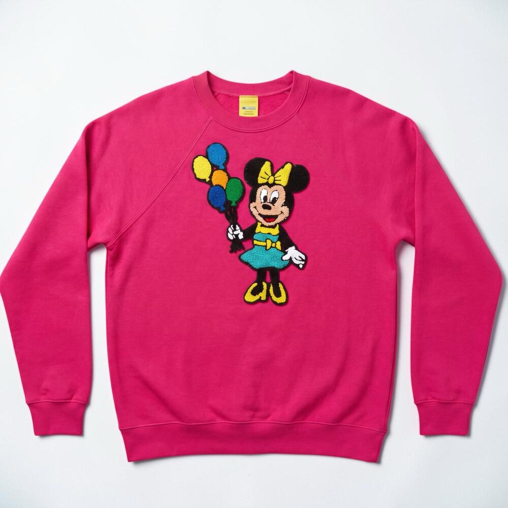 Vintage 90s Minnie Mouse Chenille Applique Crewneck Sweatshirt Fuchsia Pink XL